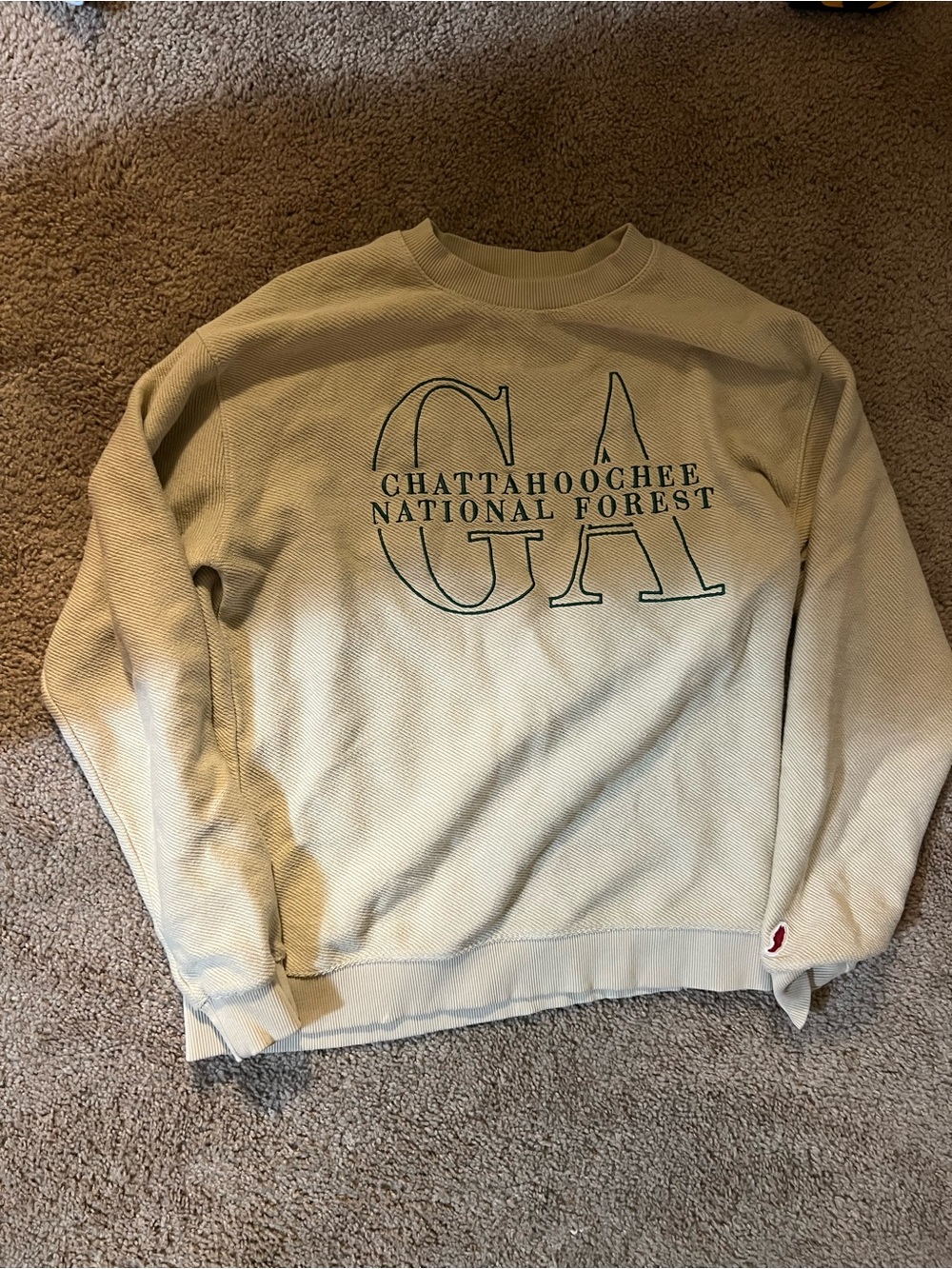 League Beige Crewneck Sweater with Green Lettering Chattahoochee National Forest